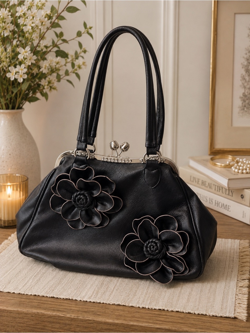 Elegant Black Floral-Accent Women's Shoulder Bag